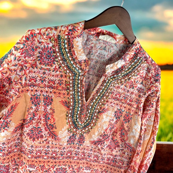 Charter Club Luxury Tunic Women L Linen Beaded Boho Cottage Garden Floral Paisle - Picture 1 of 12